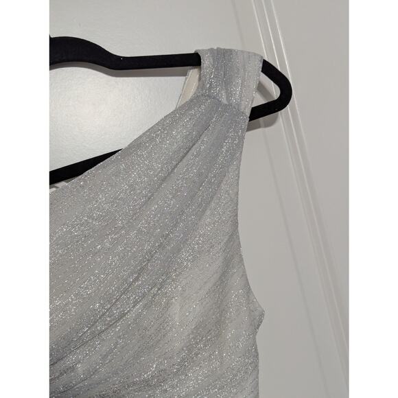 Aidan Mattox Silver Metallic One Shoulder Dress Formal Ruched Maxi Slimming Prom - Picture 7 of 9